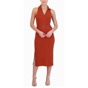Laundry Sleeveless Belted Knit V Neck Polo Midi Shift Dress in Rust - Size 16